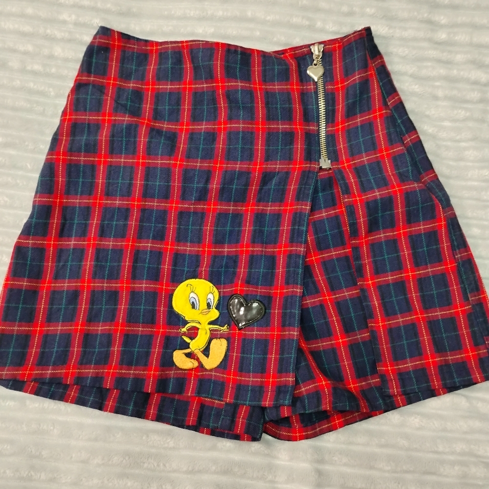 Vintage Looney Tunes Embroidered Tweety Bird Plaid Girls Skort Size 7 Girlie